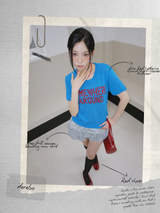 Blue Red Lettering Round Short-Sleeved Knitwear
