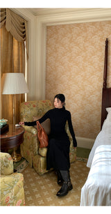 Half Turtleneck Black Flared Long Dress