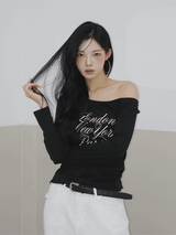 ワイドネックレタリングノーマルフィット長袖Tシャツ