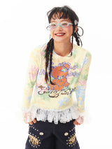 sillysisかわいい小熊イラスト 柔らかい黄色のレースで宮廷風の裾と袖のフリル付き インナー用Tシャツ