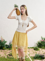 Back Ribbon Lace Sheer Short Sleeve Top