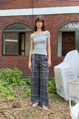 CHECK FRILL PANTS - NAVY