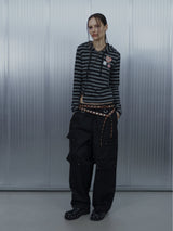 BADGE STRIPE HOODED CARDIGAN / CHARCOAL_P