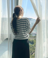 Say Boat-Neck Roll-Up Stripe Knit
