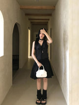 French Dot V-Neck Sleeveless Blouse