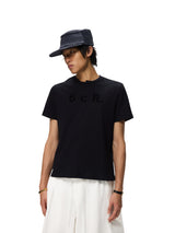 6CRAYON Black Box Fit T-Shirt with Offset Spliced Neckline & Classic Flock Print