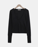 Poin Deep V-Neck Button-Sleeve Long-Sleeve T-Shirt