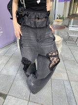 Vintage lace patch black denim pants