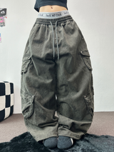 フリース/ストリング ツーカーゴリベットワイドバルーンロングパンツ💚🤎🖤🩶4カラー