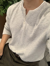 Look Rogane Color-Block Layered Henley Neck Waffle Long Sleeve T-Shirt