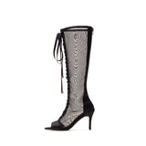 Satin See-Through Open Toe Boots Heel(Balck)