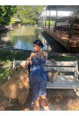 blue floral sleeveless chiffon long dress