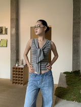 グレー ストライプ ストラップ ノースリーブ Tシャツ