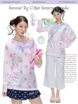 BETWEENAND "Berry Holiday" Summer Colorblock Polka Dot Striped Loose Sun Protection Long Sleeve Cover-Up Top