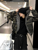 Dark camo semi-crop hooded fur jumper! + dark brown fur trim.