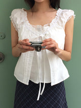 Borin Frill Lace Ribbon Layered Sleeveless Blouse