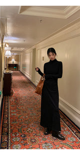 Half Turtleneck Black Flared Long Dress