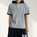 Eck Coloring Henley neck ringer hooded short-sleeved T-shirt (4 colors)