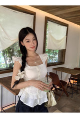 lovely short-sleeved frill sleeveless blouse