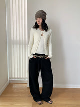 Chewing Ribbed Button Round Neck Long Sleeve Cardigan