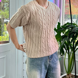 Cable v-neck short-sleeve knitwear
