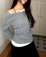 Royu Unbal Asymmetrical Color-Block Shirred One-Off-Shoulder Long-Sleeve T-Shirt