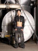 Leather Crop Cargo Jacket (Black)