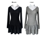  V-neck shirt cancan ribbed long sleeve dress (2 colors)