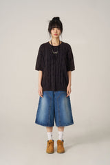 ケーブルウォッシング半袖ニット - Navy