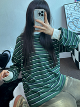 STRIPE OVER BOXY BOYFRIEND LONG SLEEVE T SHIRT ❤💚🩵🧸4COLOR