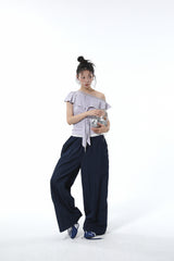 Summon Oak American-style spliced contrast-color casual pants for women, loose straight-cut wide-leg sports trousers with a good draping effect