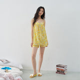 Yellow Floral Print Spaghetti Strap Top and Shorts Set, Island Resort Style