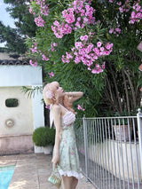 ROSE ISLAND Matcha Peach Dew Bowknot Halter Neck Light Pink Contrast Mint Green Old-fashioned Floral Dress