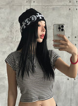 ストライプバックレスリボンクロップショートスリーブTシャツ