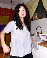 (2color) Lace Check Layered Neck Shirring Balloon Tee