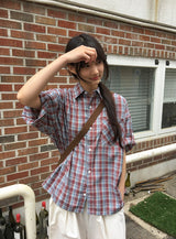 [unisex] カラニルチェックロールアップ半袖シャツ
