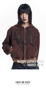 Washed Leather Patch Hooded Zip-Up - Brown