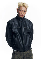 High Neck Leather Crop Jacket - Black