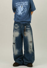 MN Cat Washing Damage Denim Pants 
