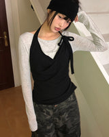 Anyu Lip-Neck Layered Long Sleeve T-Shirt Set