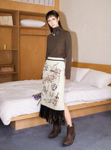 レースパッチワークプリンティドタッセルルーズストレートスカート