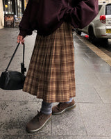 [ORIGINAL] Buckle Check Midi Pleated Skirt