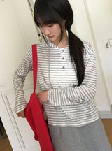 サユストライプボタンフード長袖Tシャツ