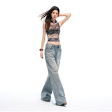 Low-Rise Cat-Whisker Wash Wide-Leg Denim Pants
