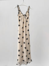 Beige Black Flower Long Dress