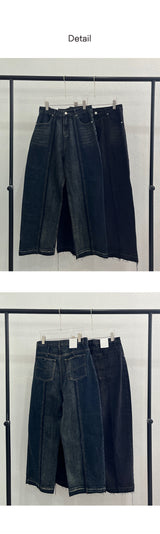 [UNISEX] Cut off line wide denim pants (2color)