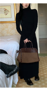 Half Turtleneck Black Flared Long Dress