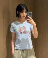 チェックストロベリーセミクロップTシャツ - 6COLOR