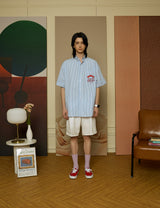 Blue Stripe Pocket short-sleeved Shirt [Unisex]