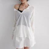 [Bedis] Henley neck see-through long-sleeved knitwear -3 colors